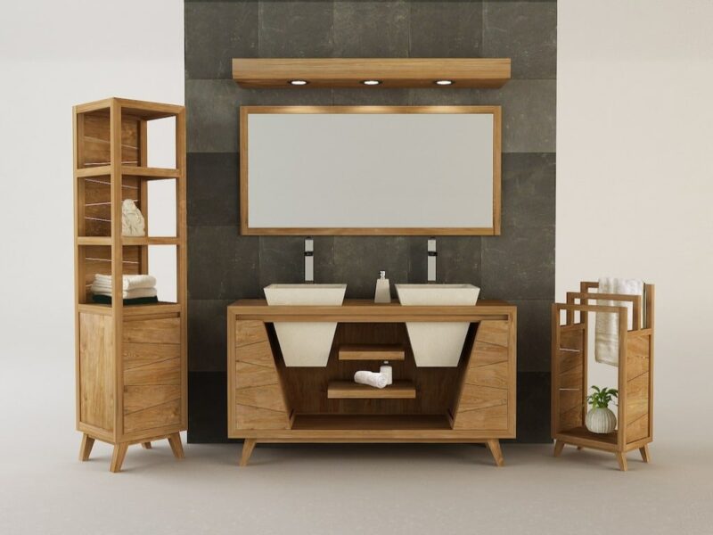 badmöbel set turin 75 doppel waschtisch mit waschbecken hochschrank spiegel badezimmer teakholz massivholz rbk2367 – bild 2