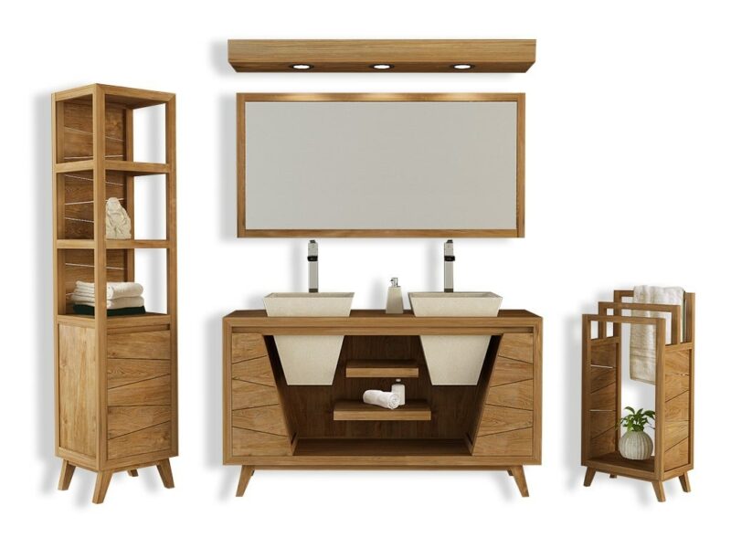 badmöbel set turin 75 doppel waschtisch mit waschbecken hochschrank spiegel badezimmer teakholz massivholz rbk2367