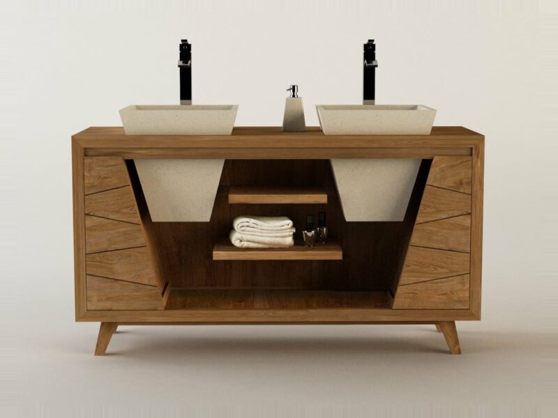 badmöbel set turin 75 doppel waschtisch mit waschbecken hochschrank spiegel badezimmer teakholz massivholz rbk2367 – bild 3