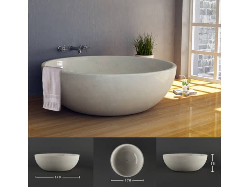 freistenede badewanne rund aus terrazzo stein