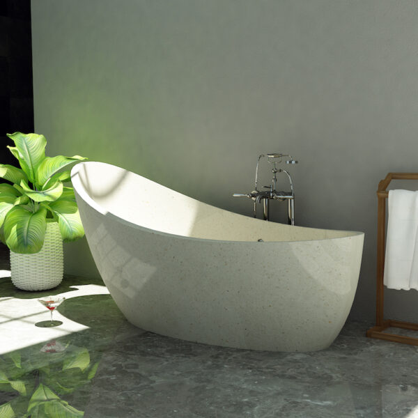 Moderne freistehende Terrazzo-Badewanne in Weiß, ideal für minimalistisches Badezimmer-Design