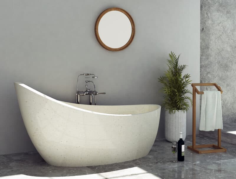 freistehende badewanne aus hochwertigem weißem terrazzo, perfekt für moderne raumgestaltung