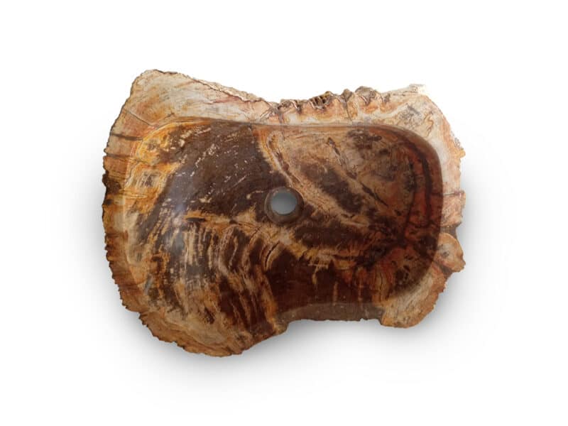 waschbecken rbs1266 – ansicht von oben: einzigartige maserung und natürliche struktur" titel: "seitenansicht des fossil waschbeckens – elegante kombination aus natur und handwerkskunst" titel: "detailaufnahme der polierten innenseite – fossil versteinertes holz waschbecken rbs1266" titel: "natürliches fossil holz waschbecken – rustikale außenseite mit authentischem charakter