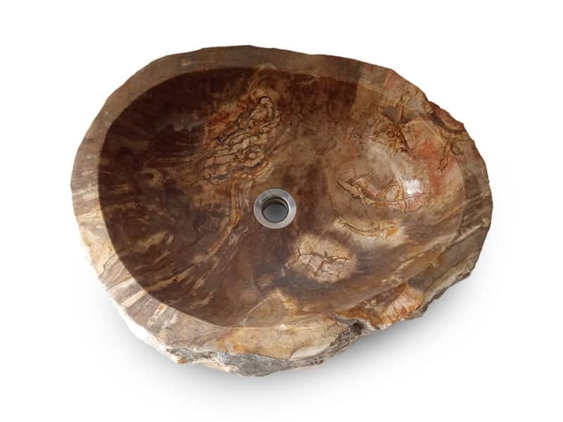 fossiles waschbecken aus versteinertem holz – ansicht von oben mit detailreicher maserung.